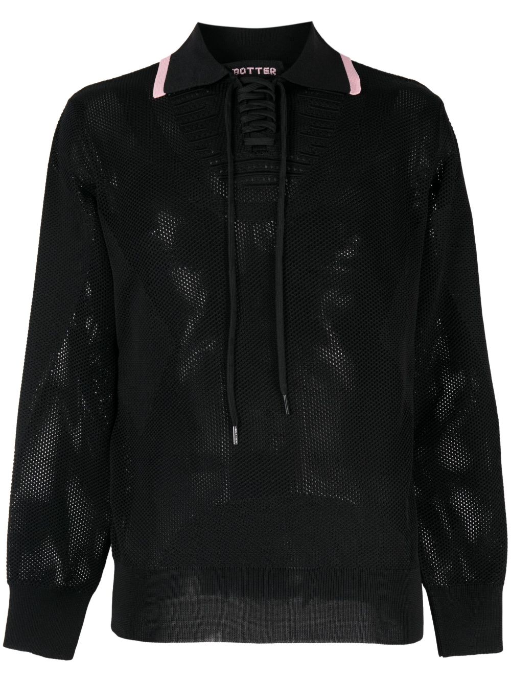 Lace-up fastening knit polo shirt - Black