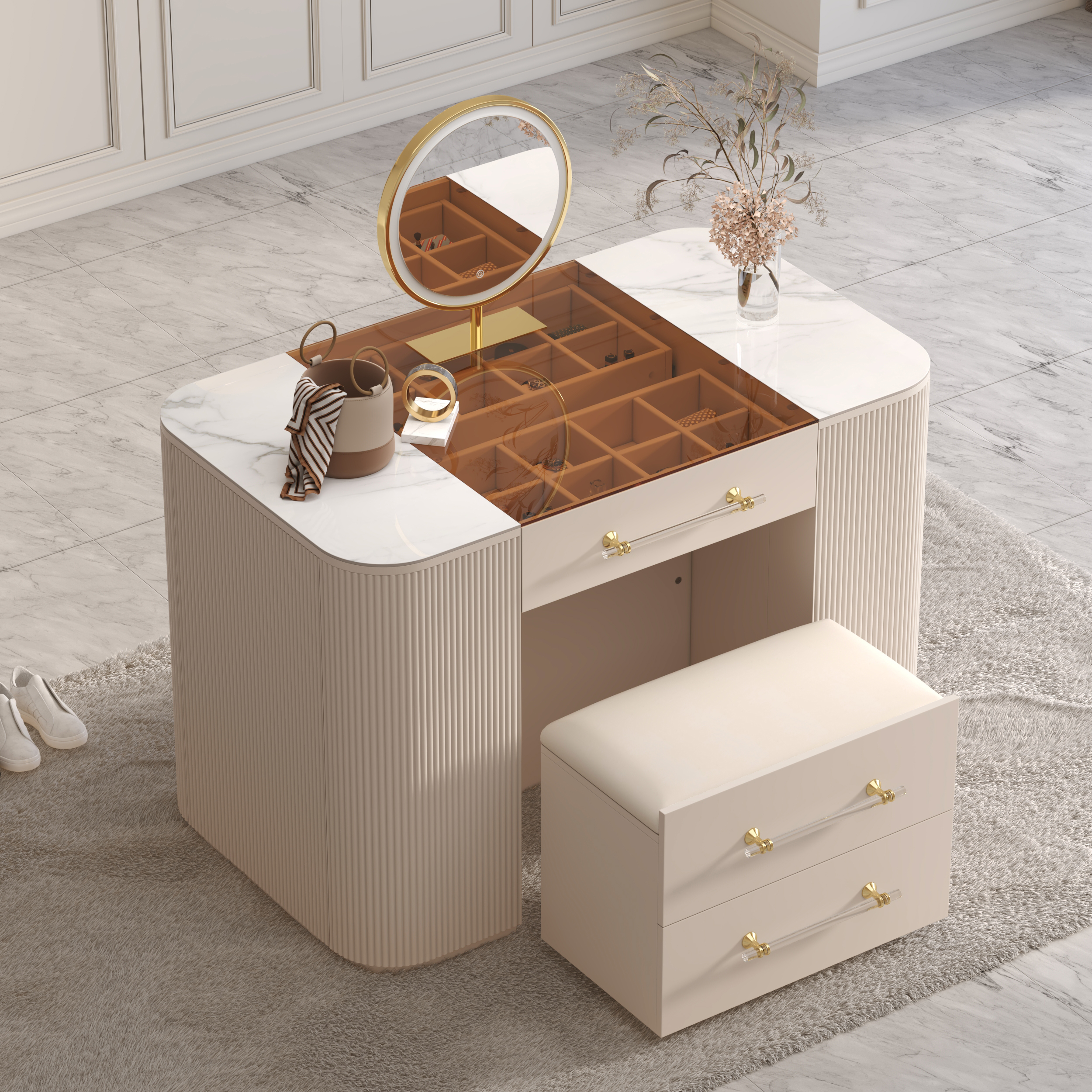 120 cm Tempered Glass Top Closet Island with Mirror & Jewellery Storage Dresser Vanity
