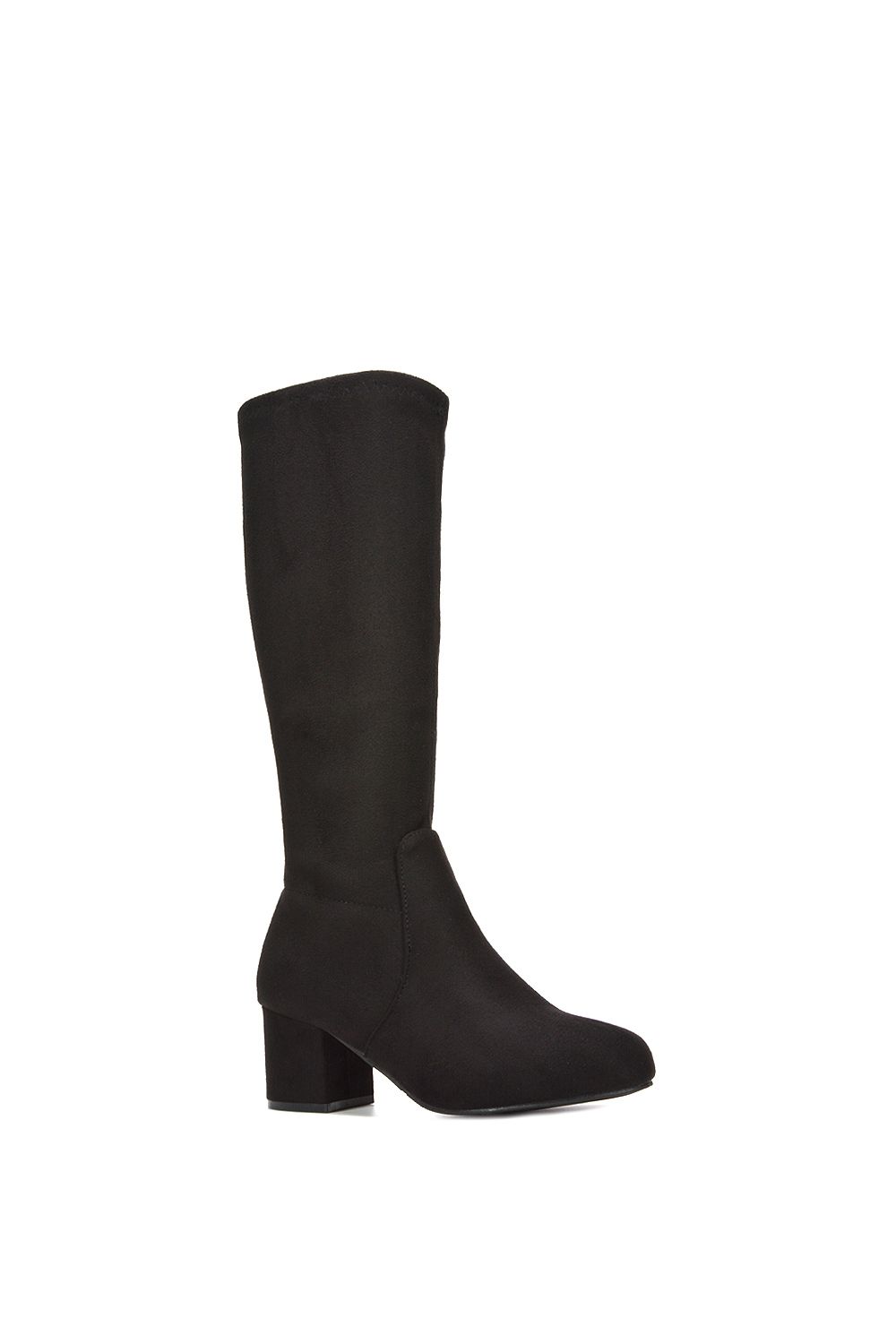 XY London Women's 'Masie' Knee High Boots With Block Low Mid Heel in Jet Black