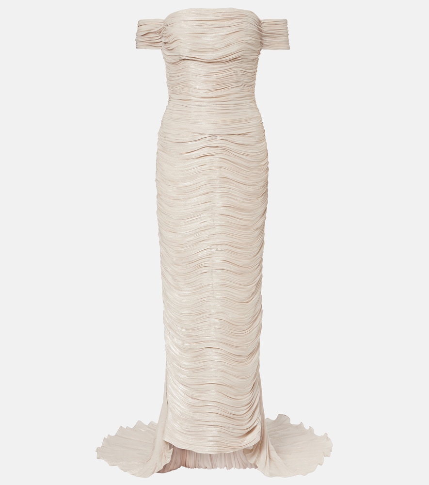 Off-shoulder pleated bustier gown