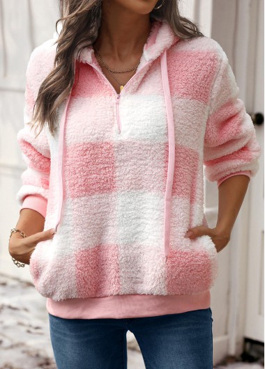 Modlily Pink Drawstring Plaid Long Sleeve Hoodie