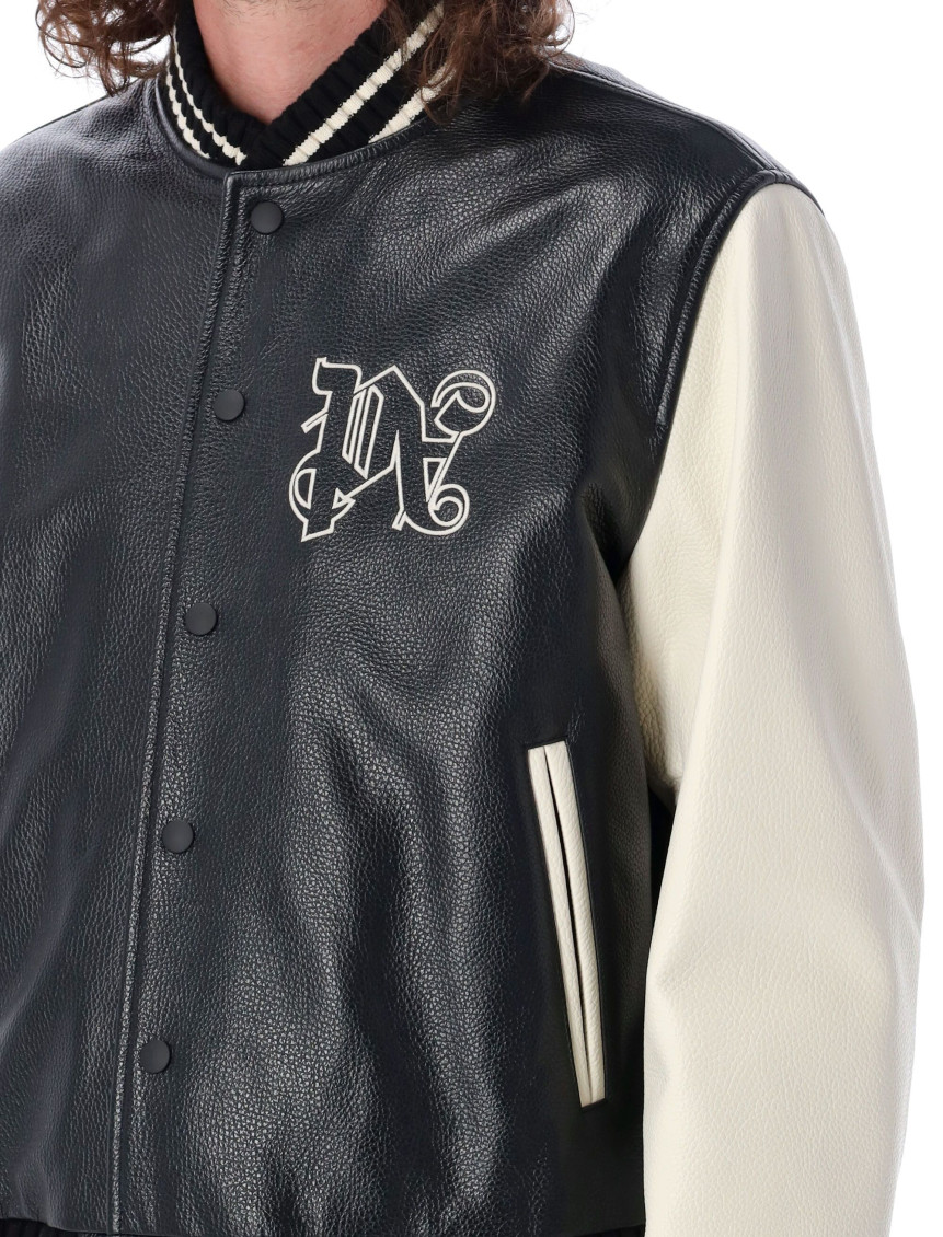 Monogram-print leather varsity jacket - Black