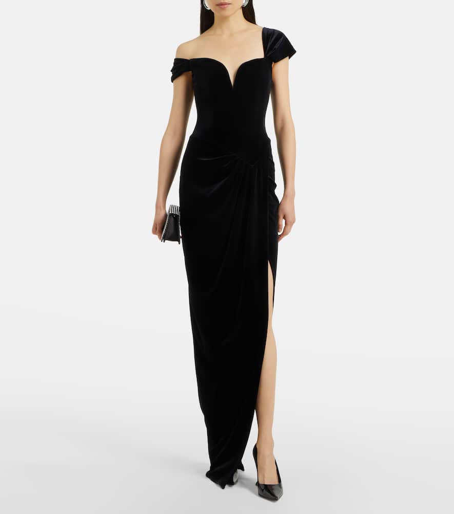 Asymmetric velvet bustier gown