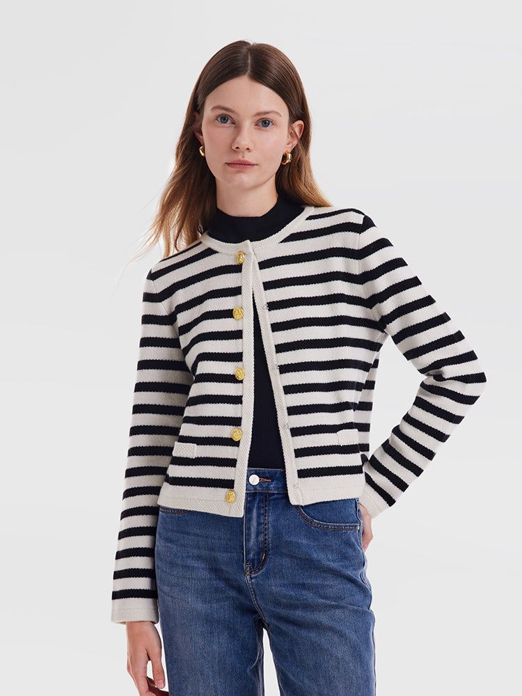 Button Up Woolen Striped Lady Cardigan