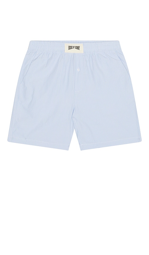 House of Sunny Seersucker Box Fit Shorts in Baby Blue. -  XL/1X also in L