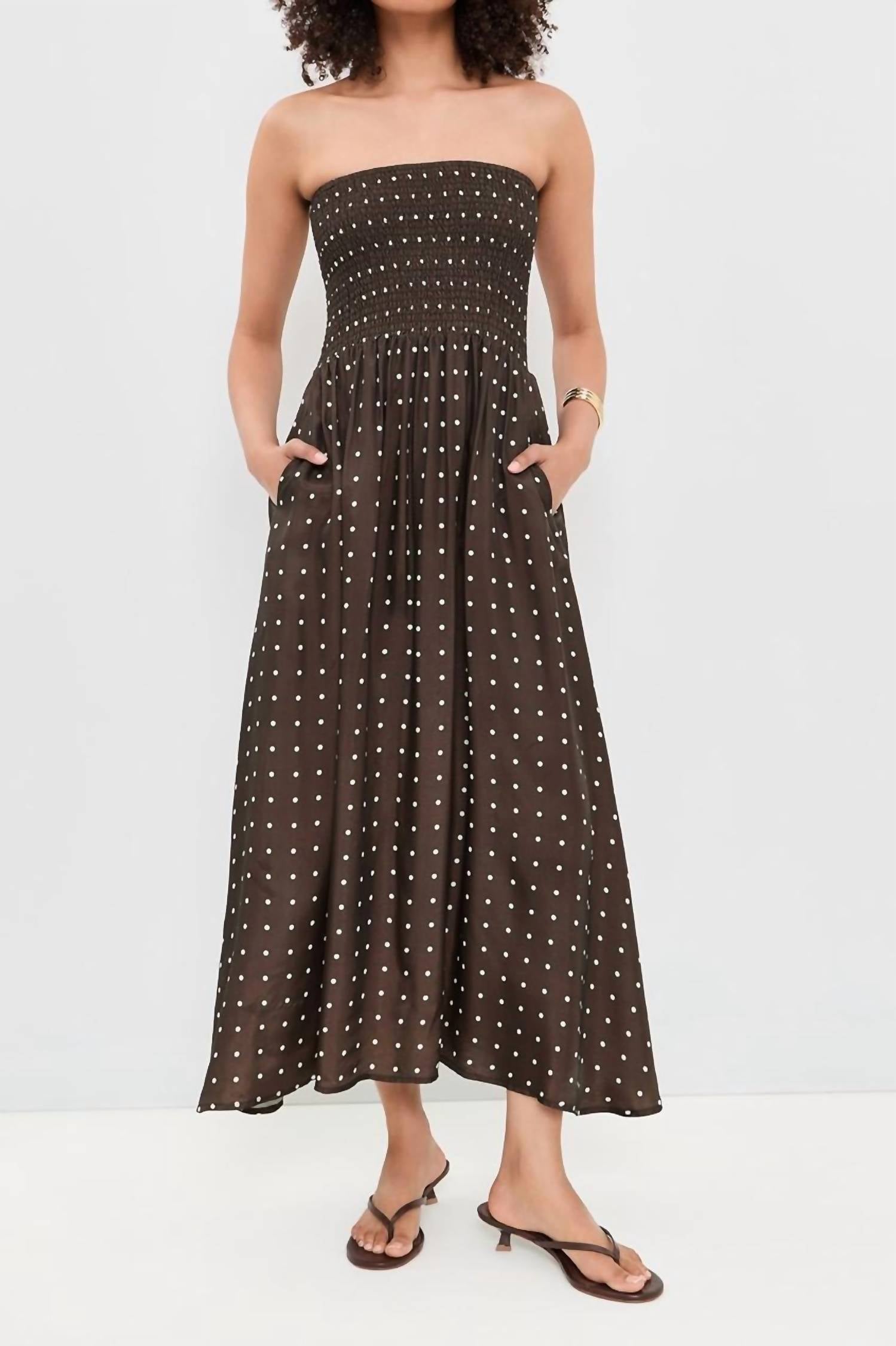 Polka Ruched Midi Dress In Chocolate