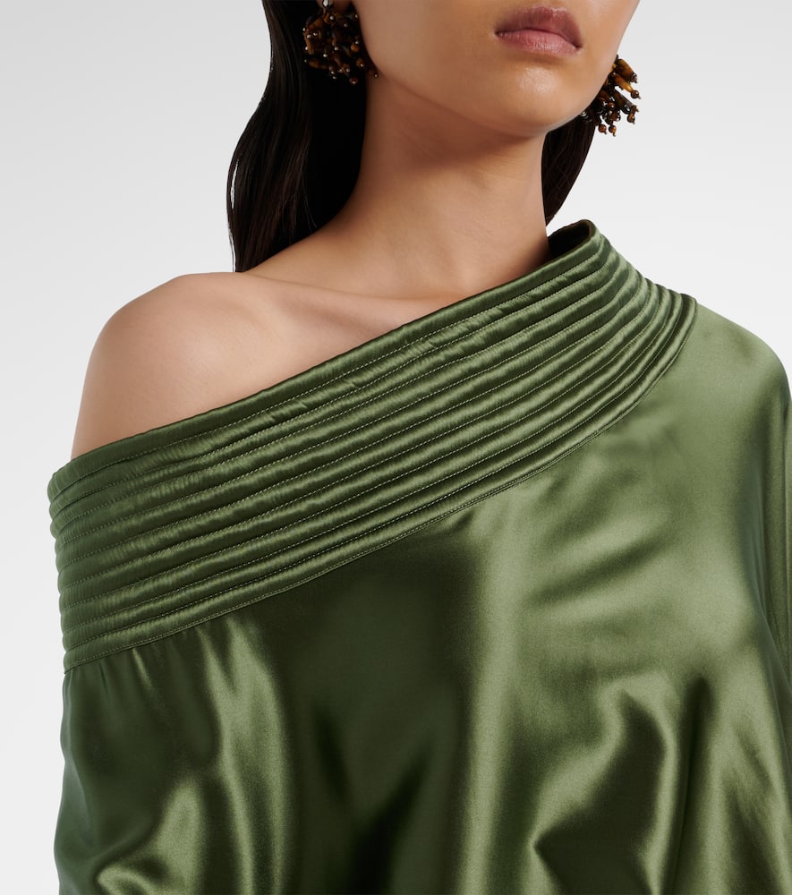 Asymmetric draped silk-blend satin top
