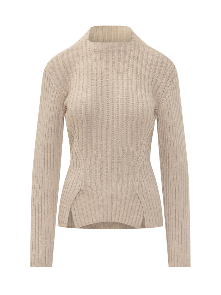 Beige Knitted Mock Collar Sweater