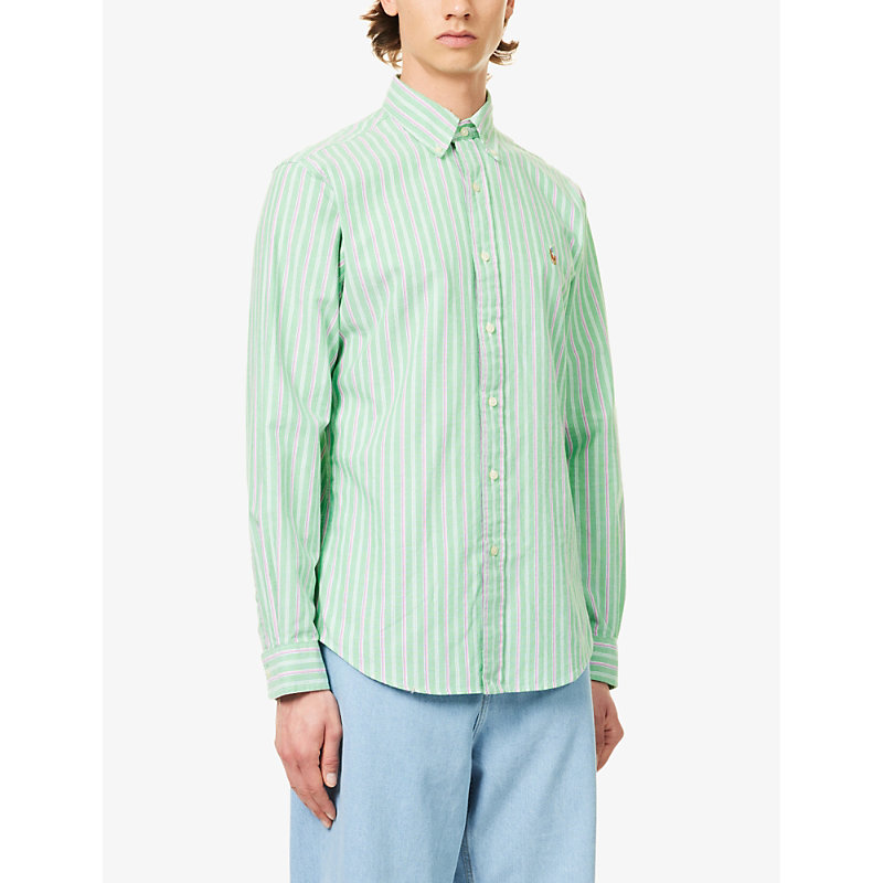 Mens 6345c Green/pink Multi Stripe-pattern Custom-fit Cotton Shirt 