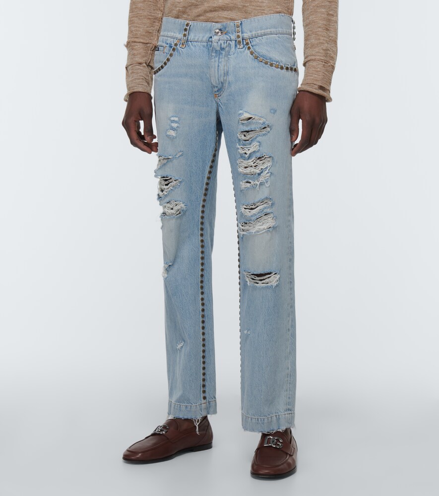 Distressed mid-rise straight jeans