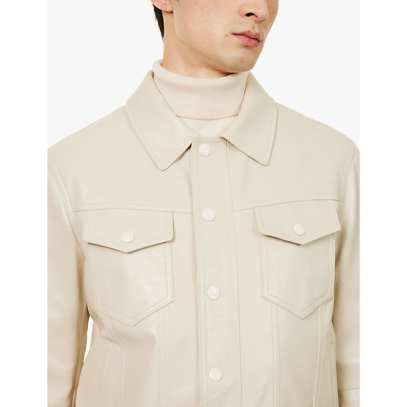 Mens Off White Spread-collar Regular-fit Leather Jacket