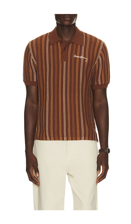 House of Sunny Stripe Knitted Polo in Brown. L. Also in M, S, XL/1X