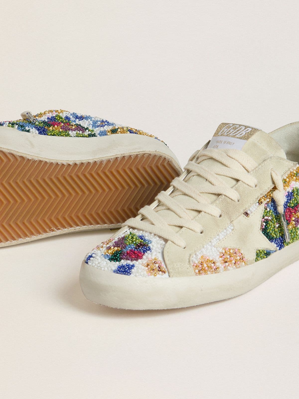 Golden Goose - Women's Super-star With Multicolored Beads And Beige Suede Star, Woman