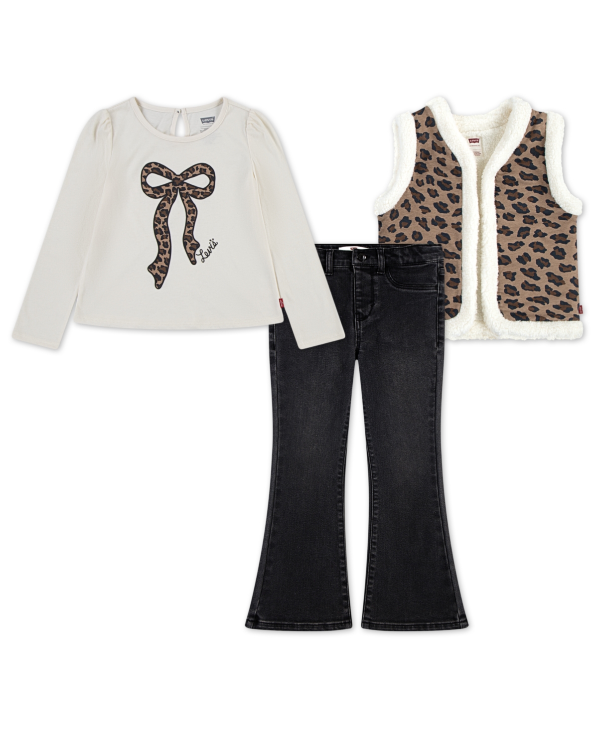 Little Girls 3-Piece Sherpa Vest, Top and Jeans Set - Multi