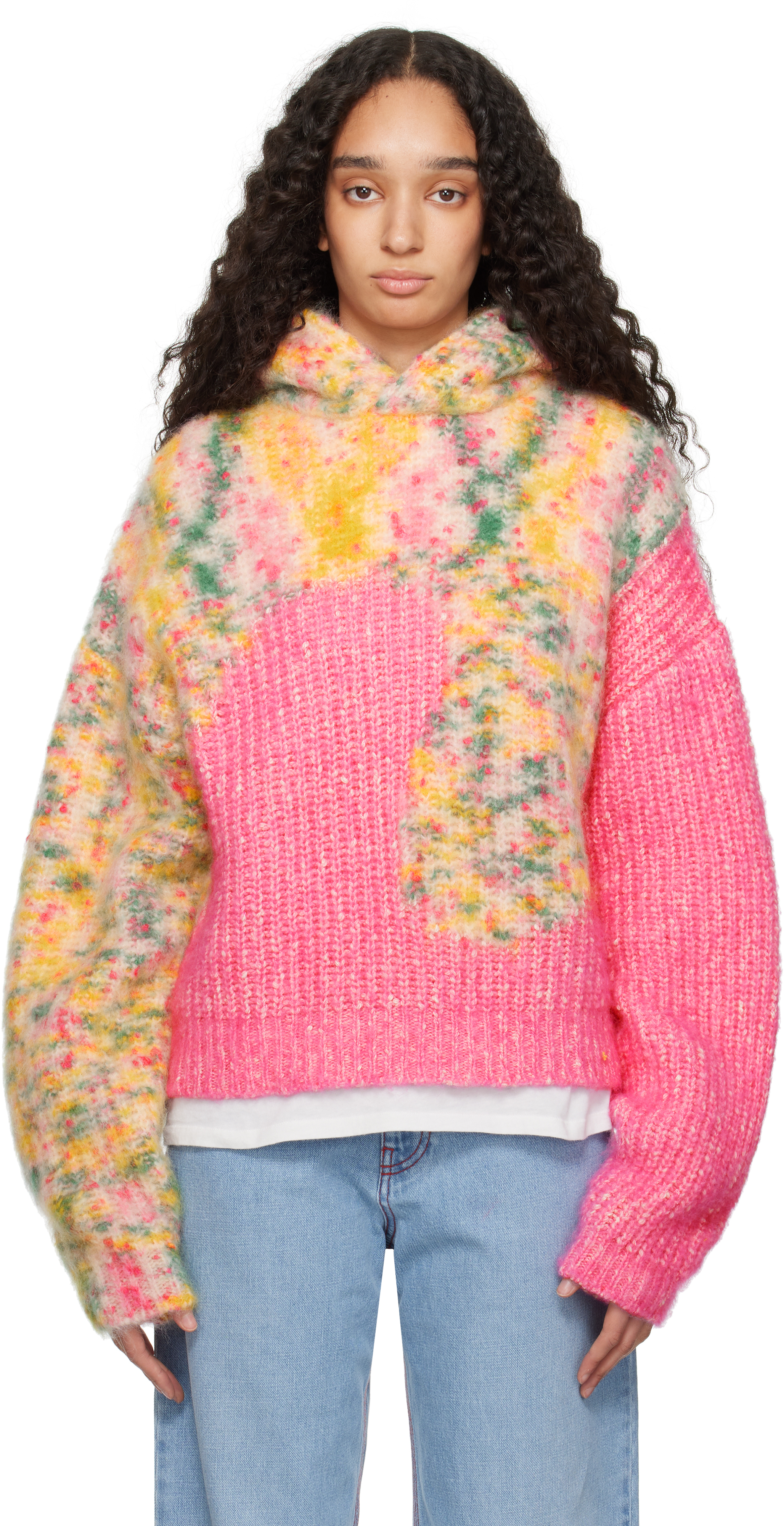 ERL Pink & Yellow Bicolor Swirl Knit Hoodie