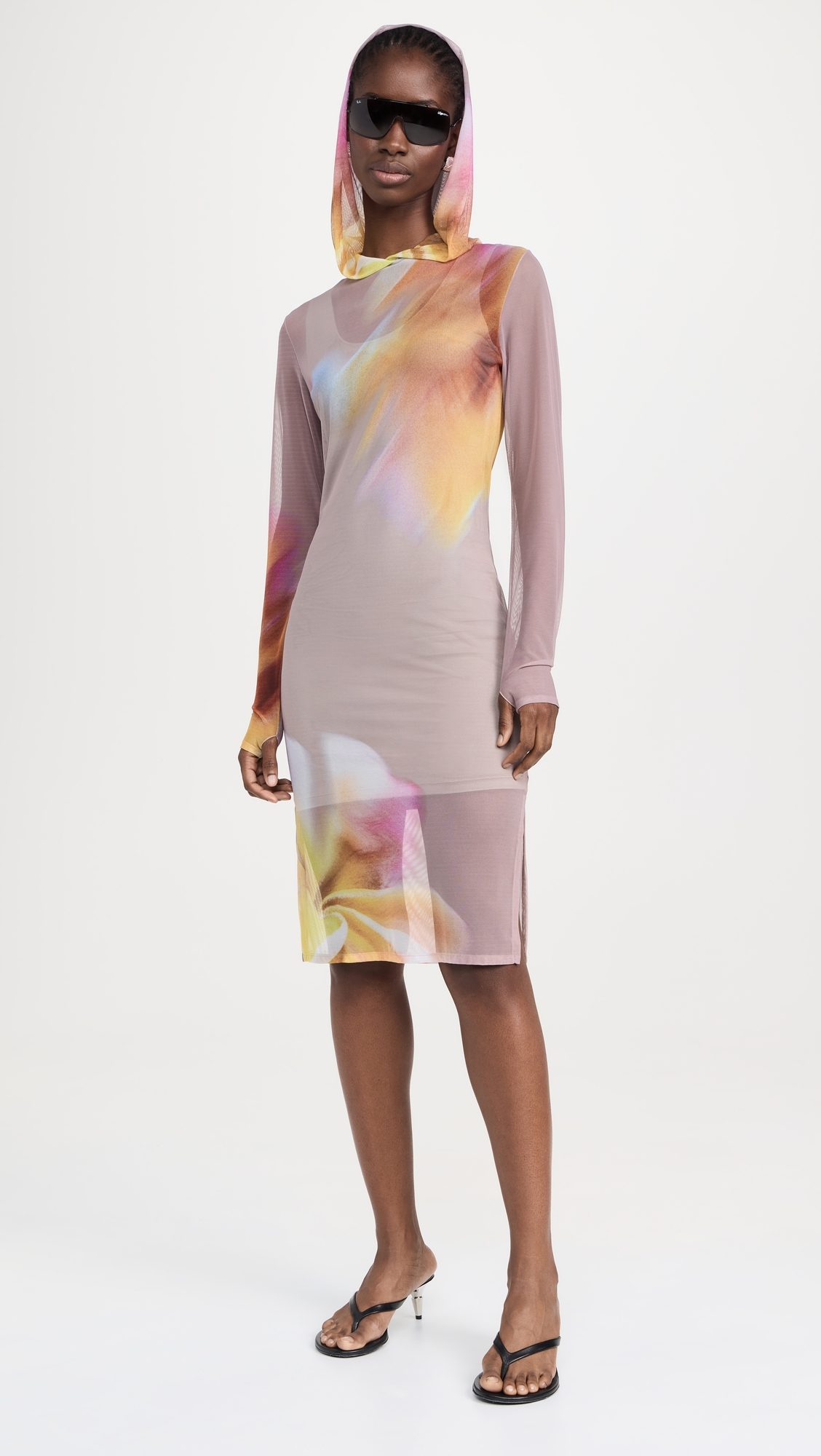 Printed Mesh Midi Dress with Hood Petals and Putty