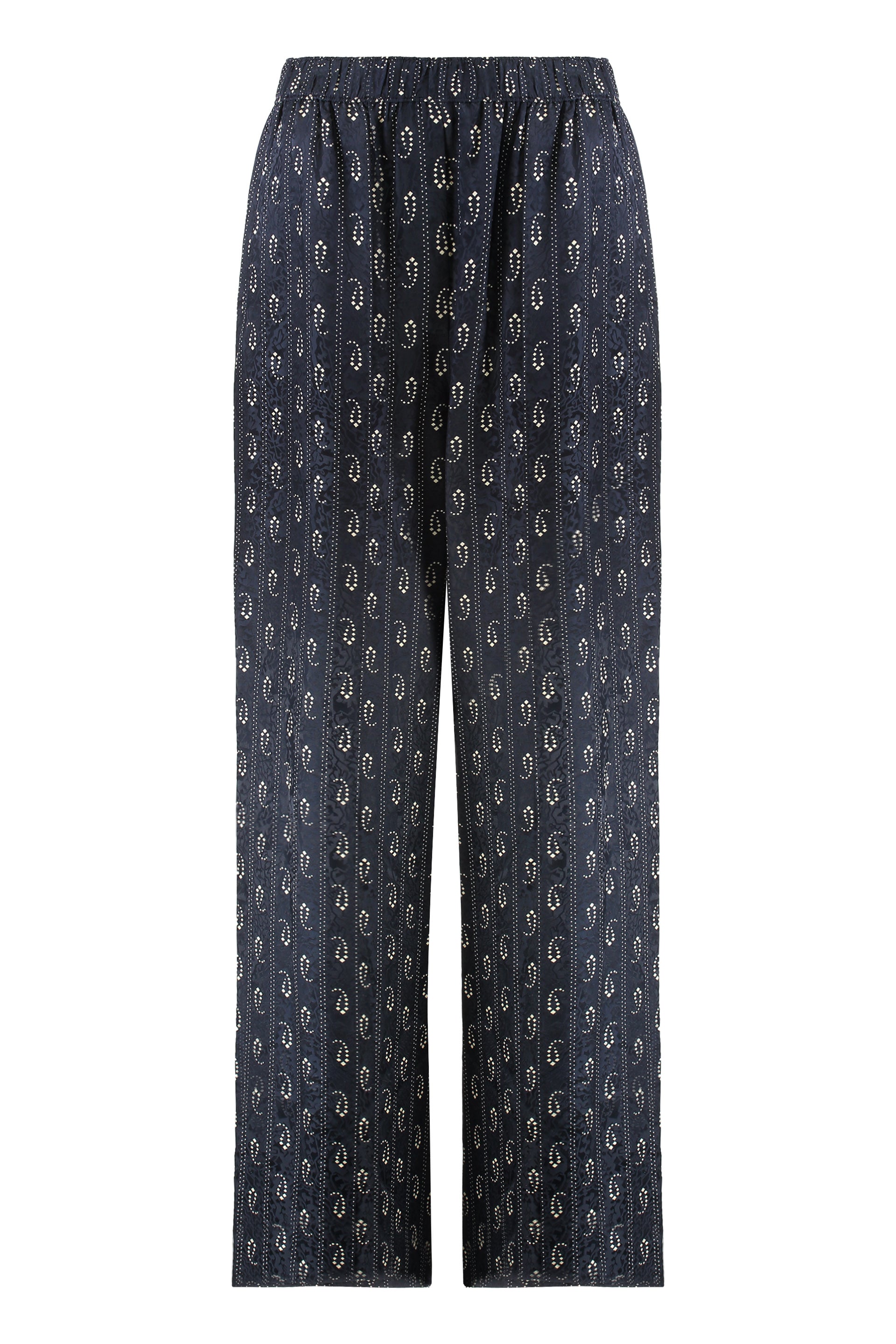 Viscose-Silk Abstract Paisley Trousers — Navy