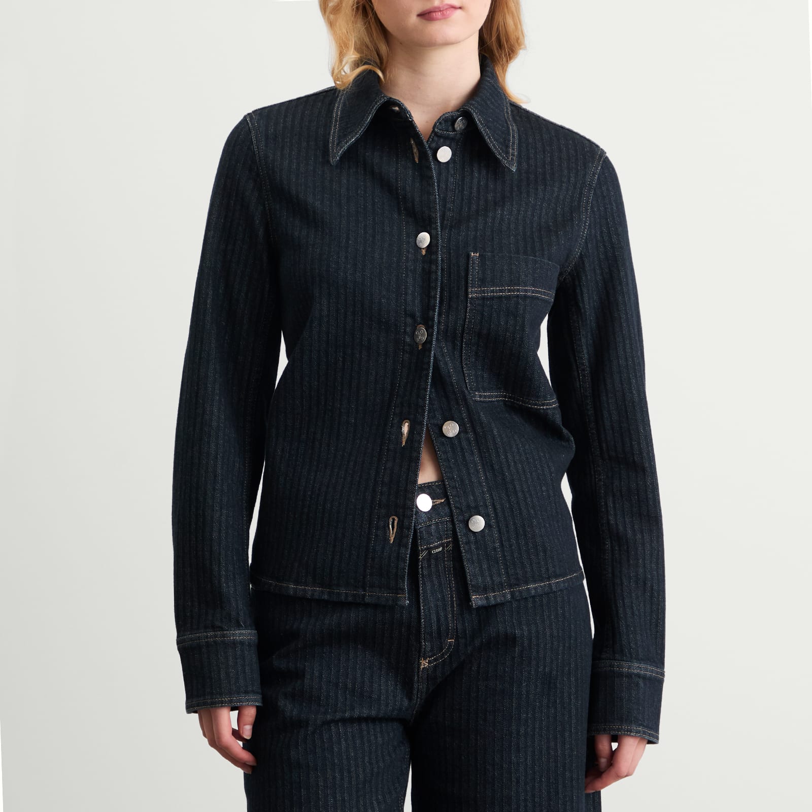 Women's Striped Denim Jacket Dark Blue