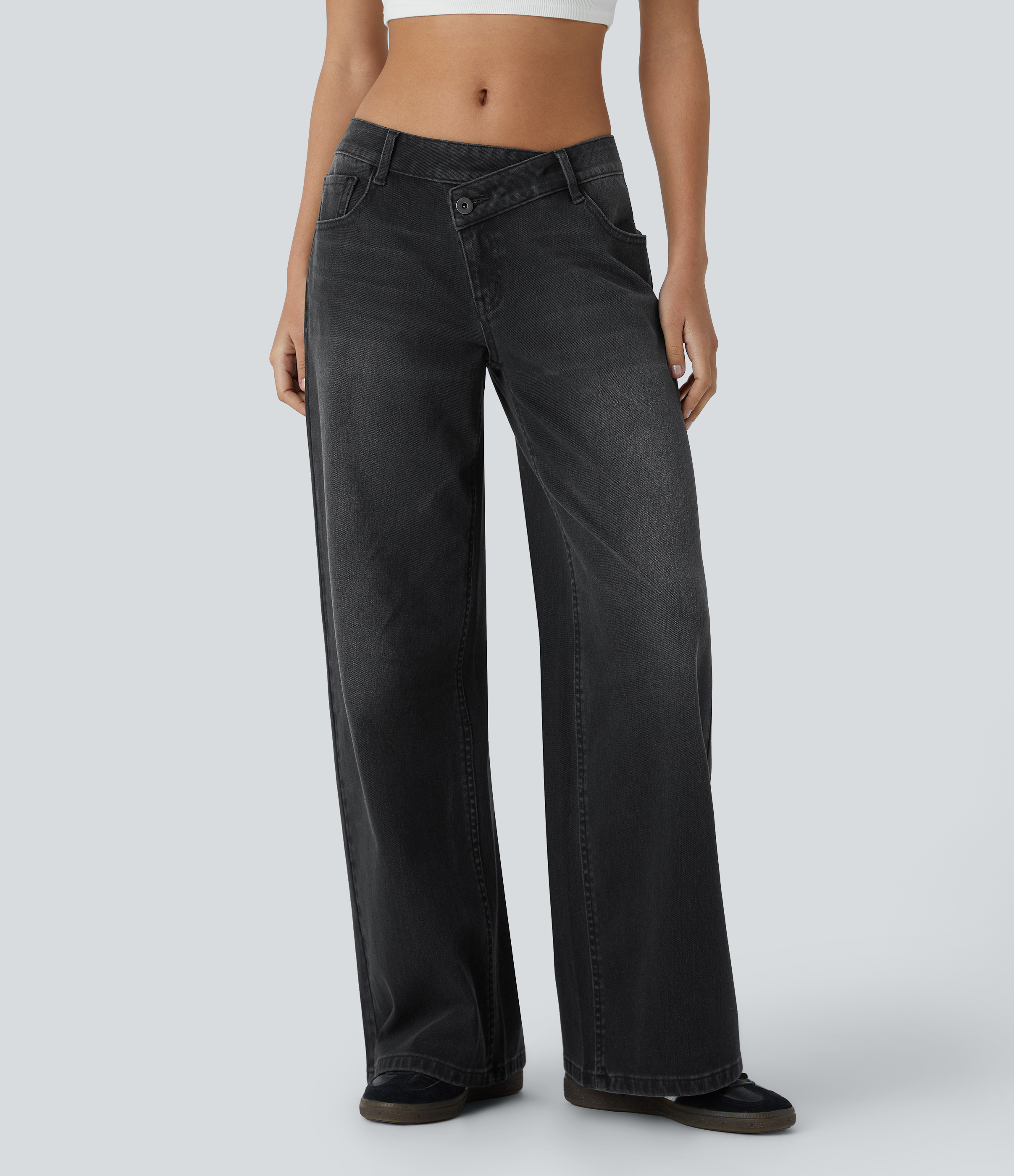 Flex™ Asymmetric Low Rise Zipper Pockets Baggy Wide Leg Washed Casual Jeans  - Deep Ink Black Denim