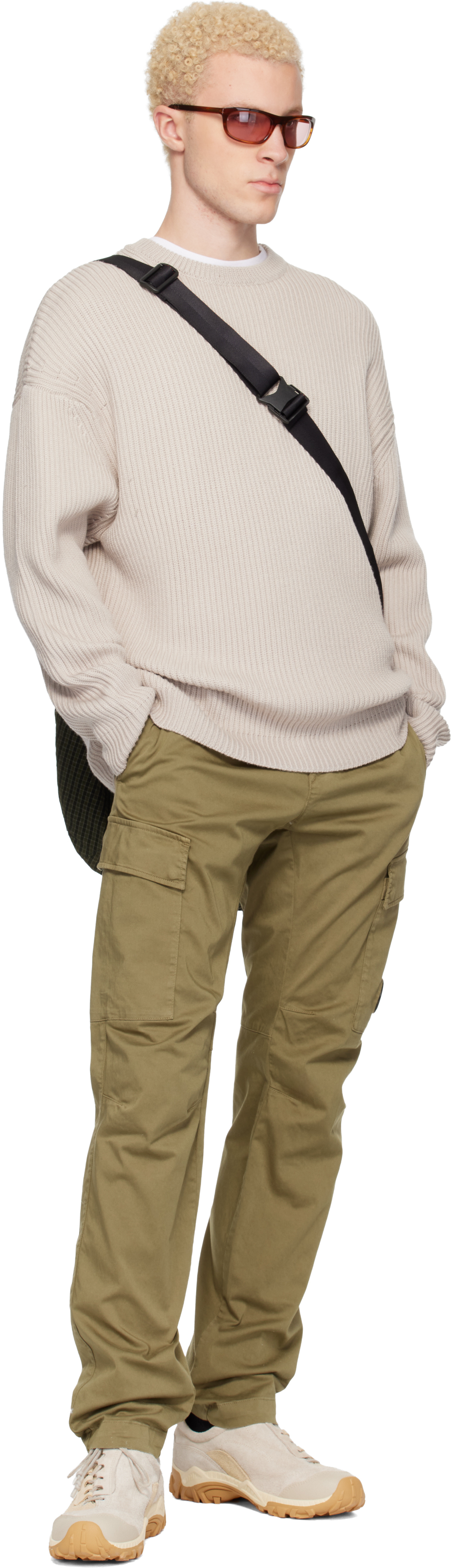 Beige Stretch Sateen Ergonomic Lens Cargo Pants