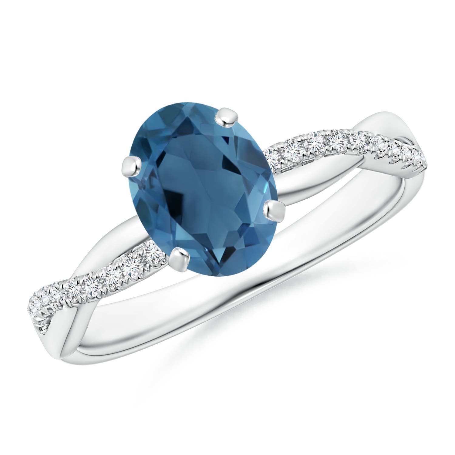 Angara 1.5 Carats Oval London Blue Topaz Twist Shank Ring with Diamonds in Platinum