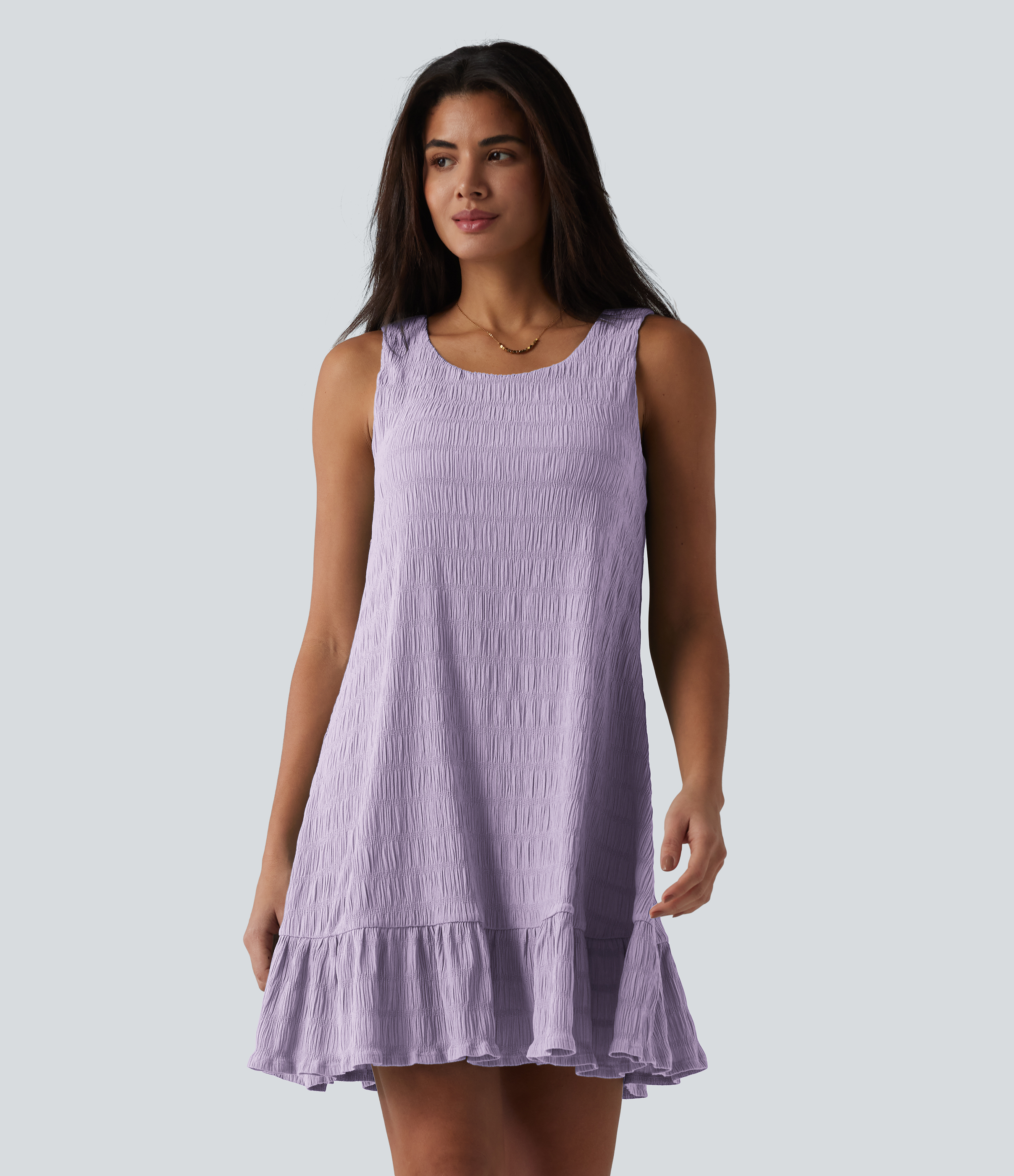 Round Neck Built-in Bra Sleeveless Ruffle Hem Mini Casual Dress Casual Dress - Orchid Petal