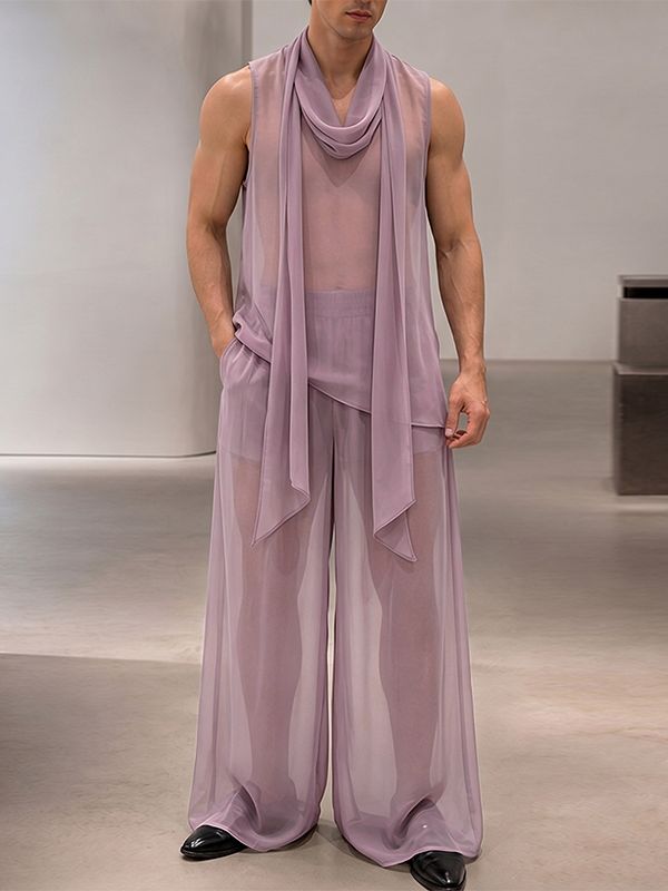 Men's Avant-Garde Party Sheer Draped Cowl Neck Two Pieces Outfit SKUL74507 - Purple / S