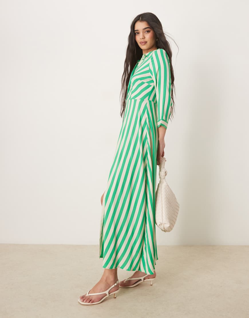 YAS maxi shirt dress in green and white stripe-Multi