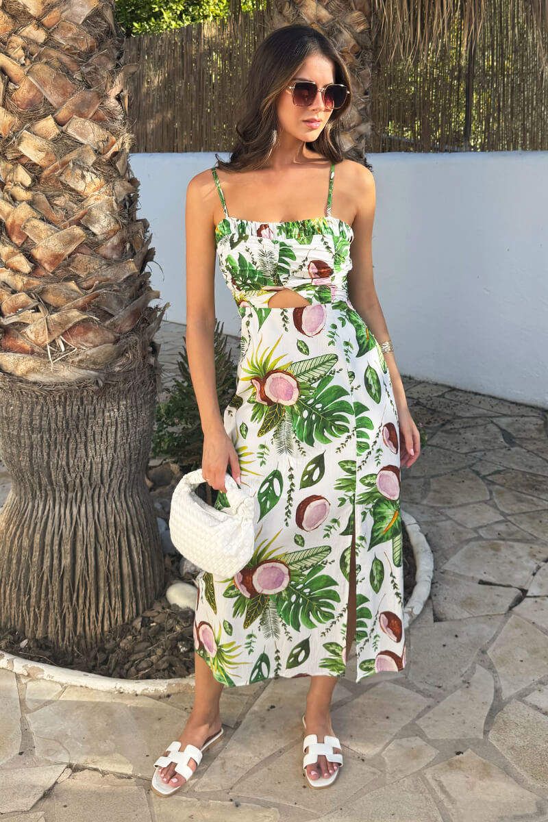 AX Paris Women's Multi Coconut Print Strappy Cut Out Midi Dre