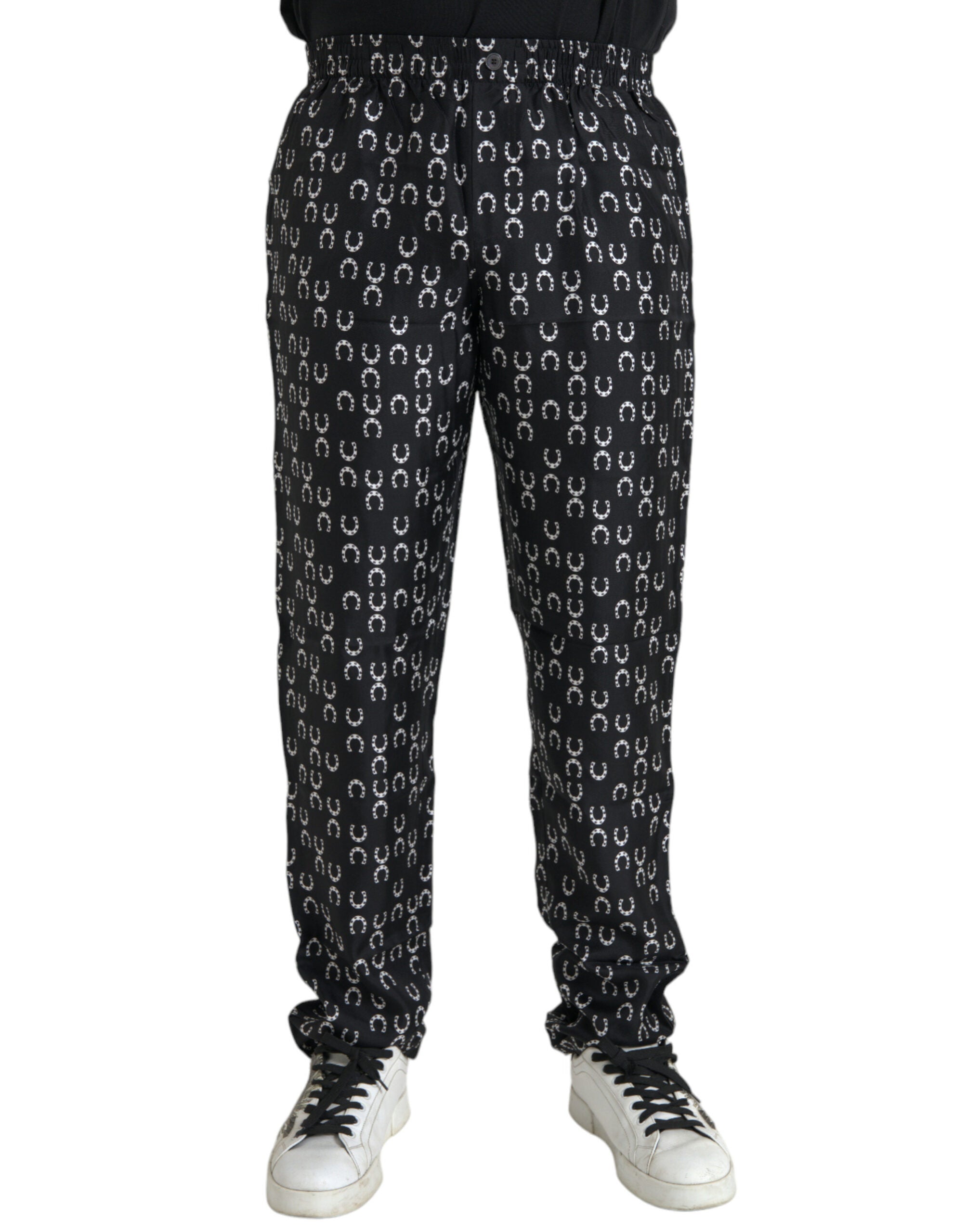 Horseshoe Print Silk Trousers — Black