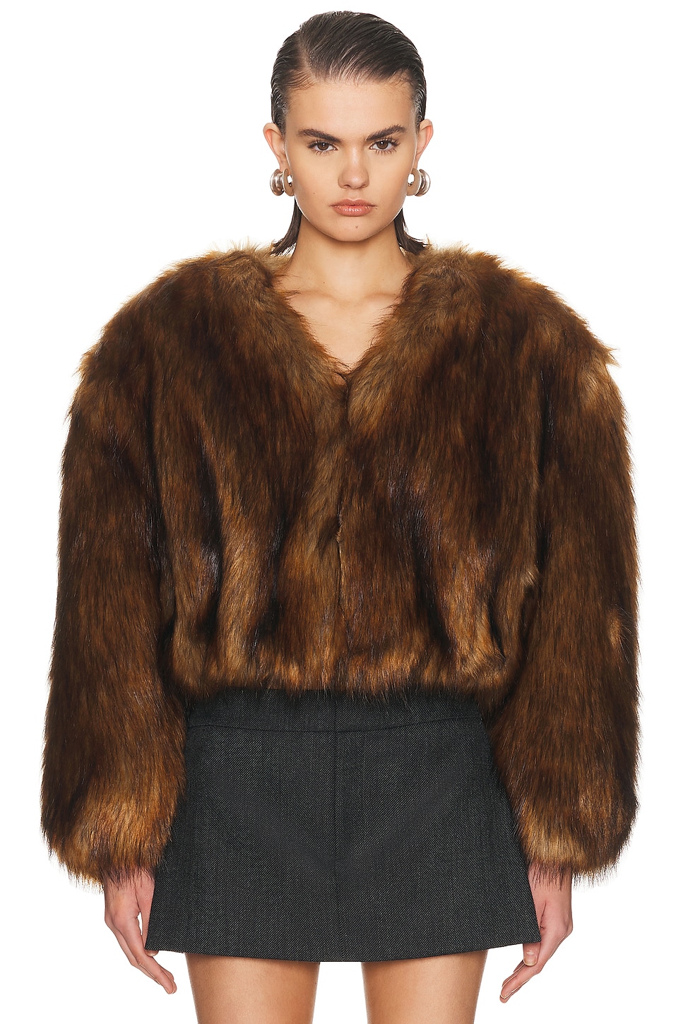 Alexander Wang Faux Fur Cropped Jacket in Brown. L. Also in
