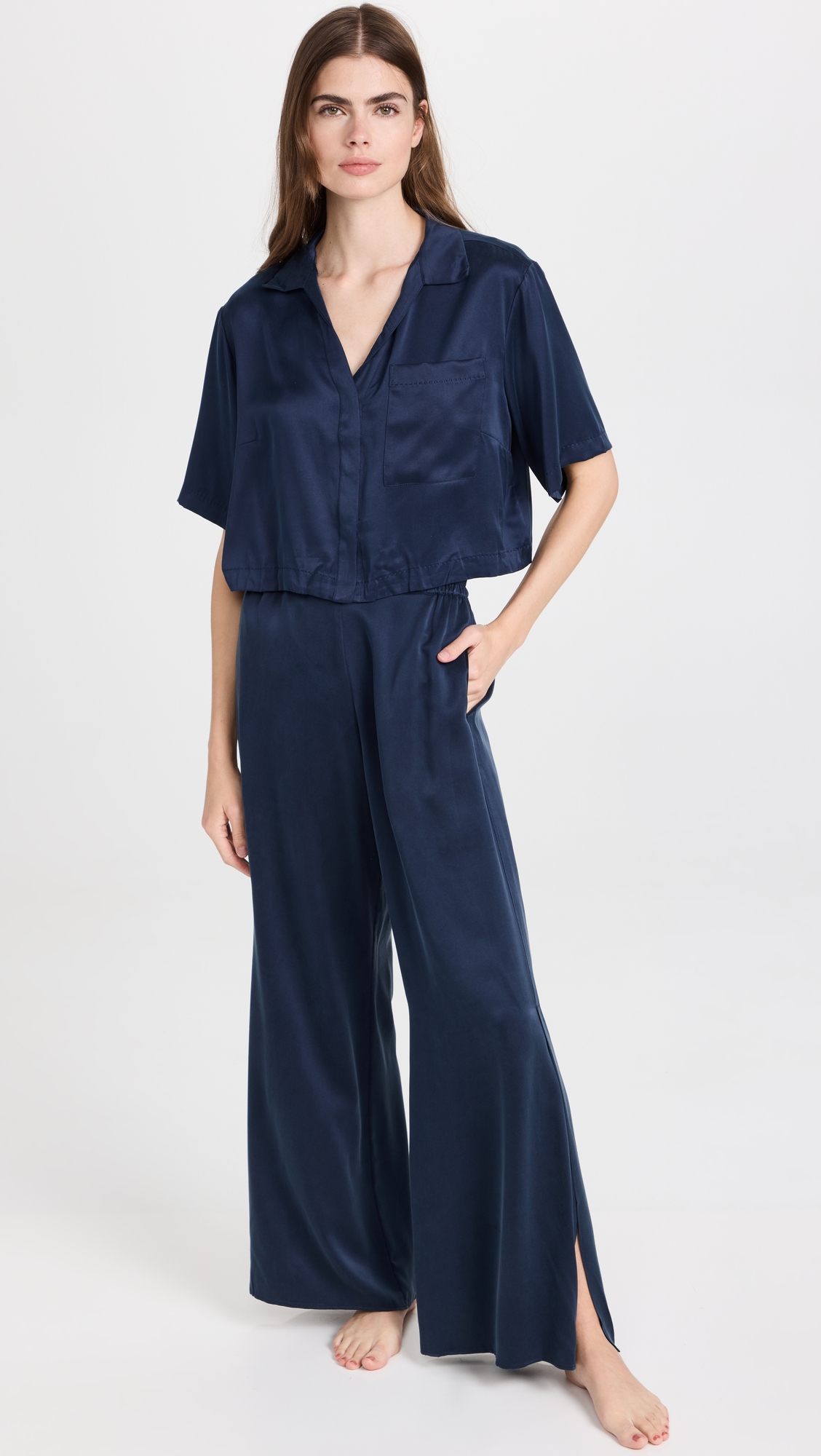 Washable Silk High Rise Pant Set Deep Blue