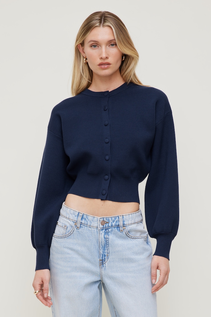 Balloon Sleeve Cardigan - Blue - Women Clothing