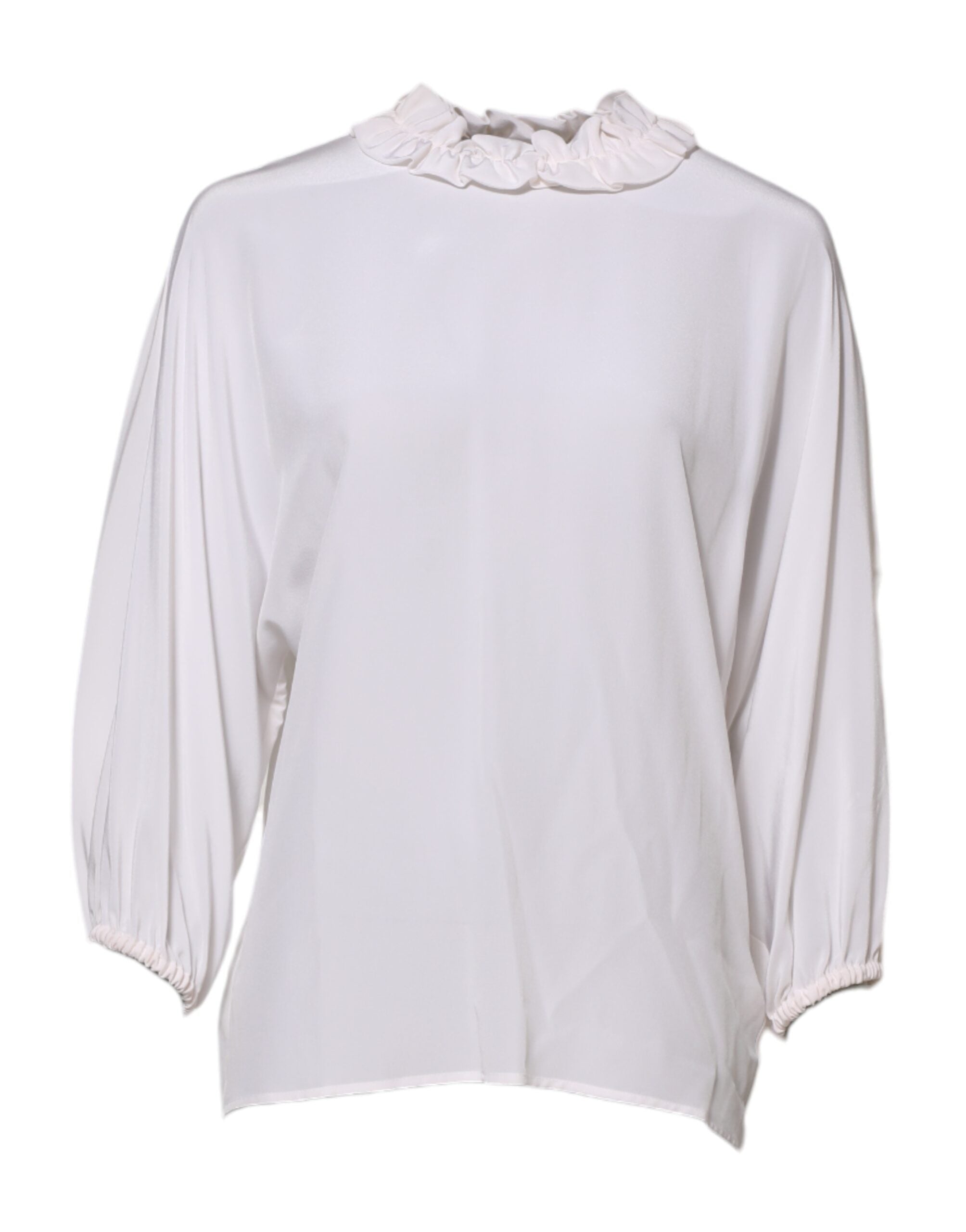 Ruffled Neckline Silk Blouse — White