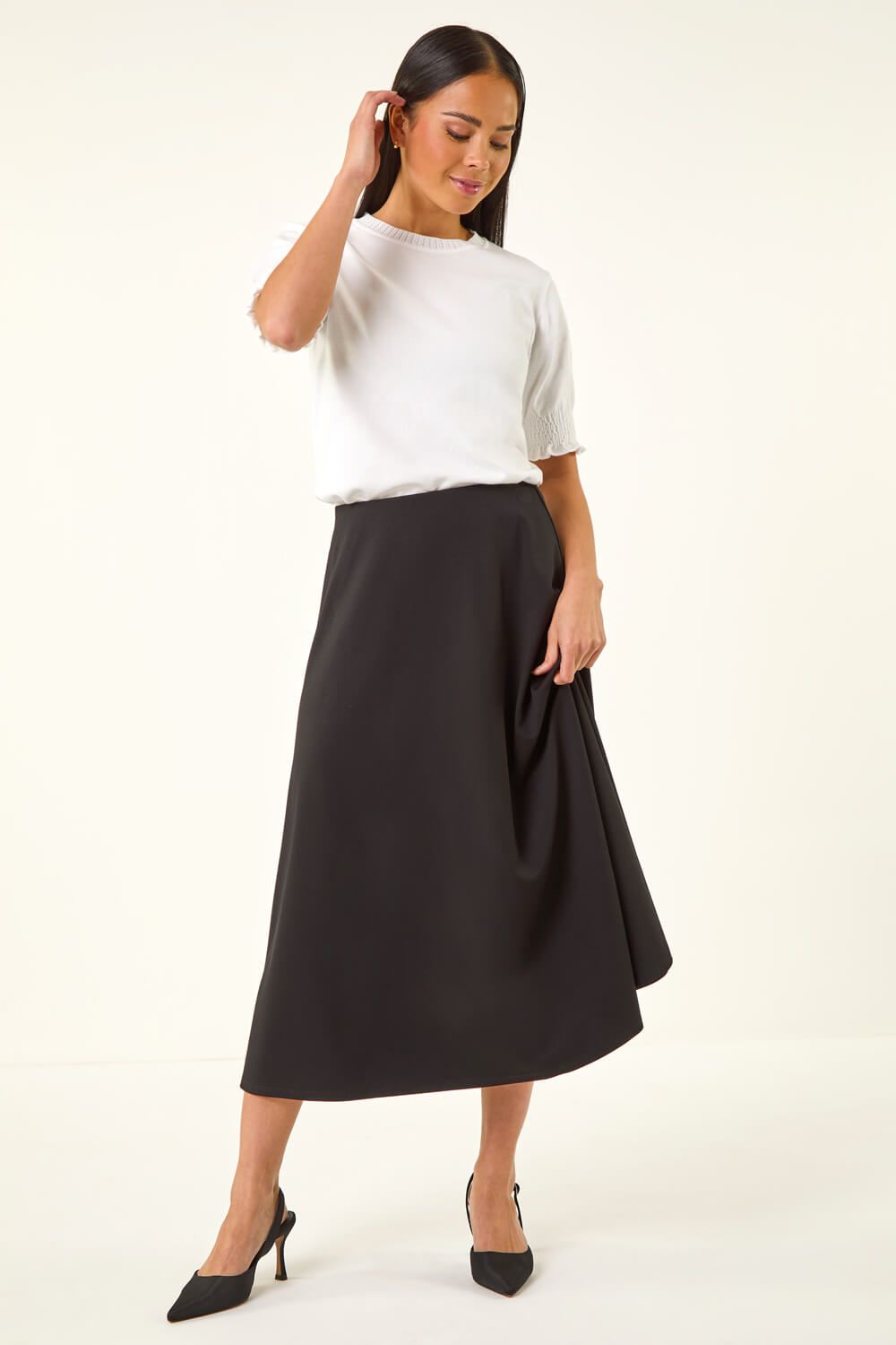 Roman Women's Petite Ponte Stretch Midi Skirt in Black