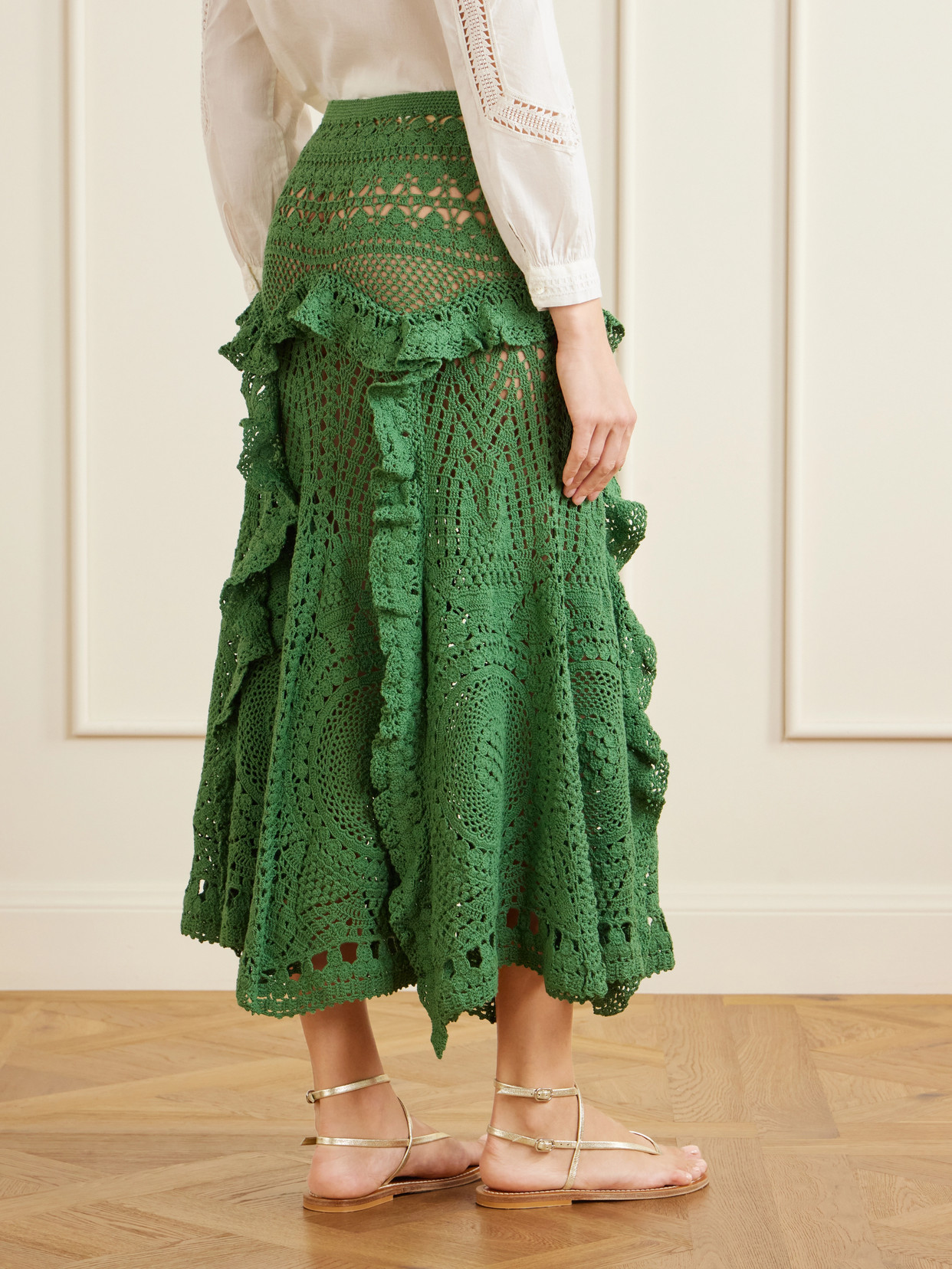 Floretta Ruffled Crocheted Cotton Midi Skirt - Green