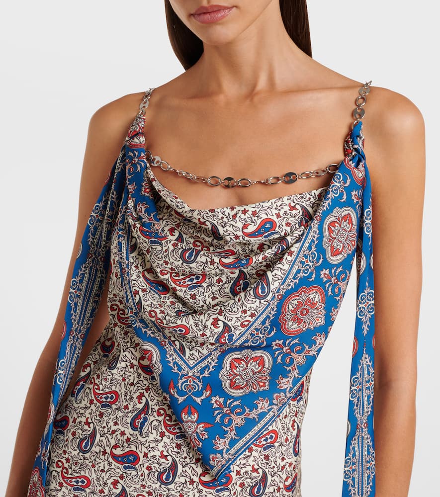 Paisley scarf-detail satin slip dress