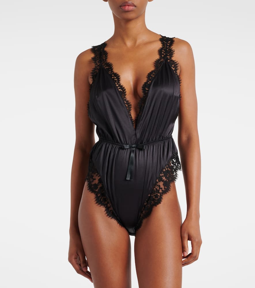 Lace-trimmed silk-blend satin bodysuit