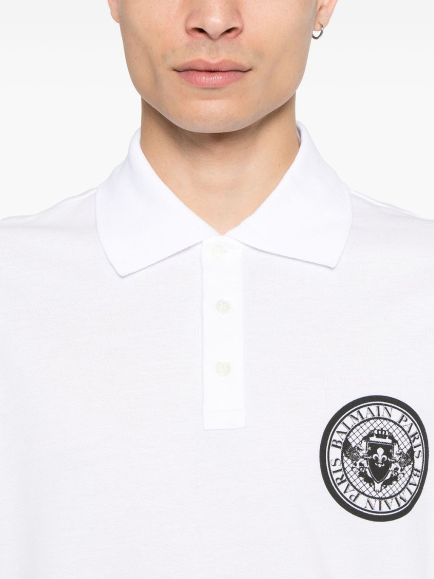 White Polo Shirt With Collar And Coin Print On The Front In Cotton Man