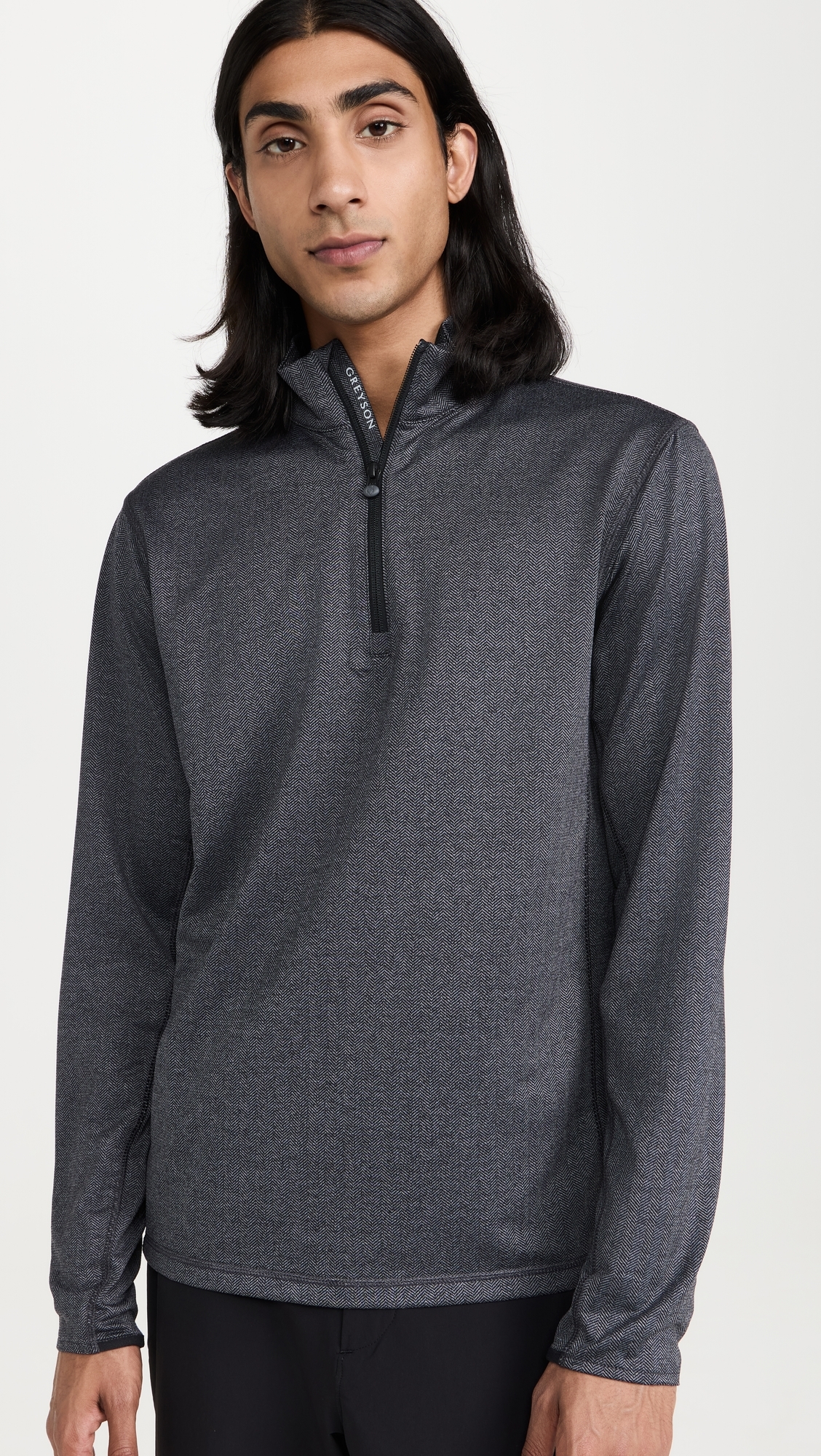 Tate Herringbone Mock Neck Quarter Zip Black Herringbone