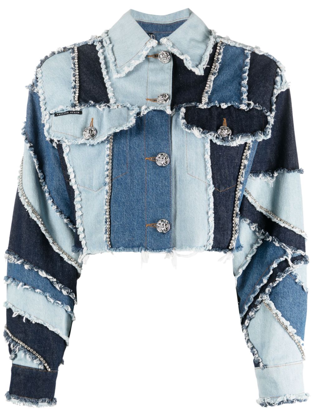 Denim-patchwork cropped jacket - Blue