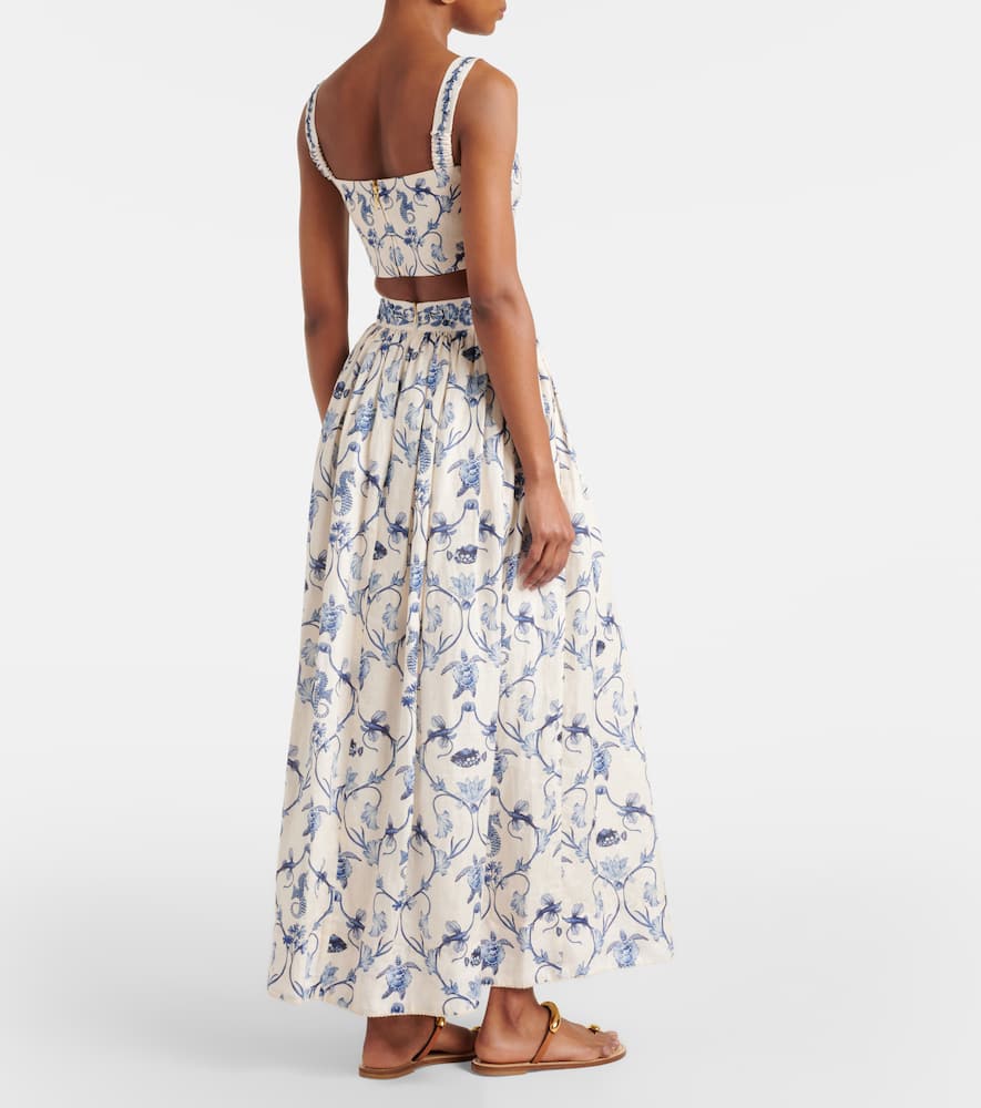 Printed high-rise linen maxi skirt