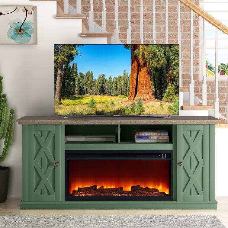 Joy River 68" TV Stand with Electric Fireplace, Green/Tan