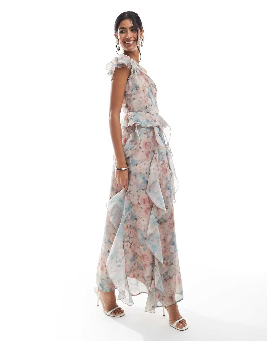 Chiffon ruffle detail one shoulder maxi dress in faded floral print-Multi