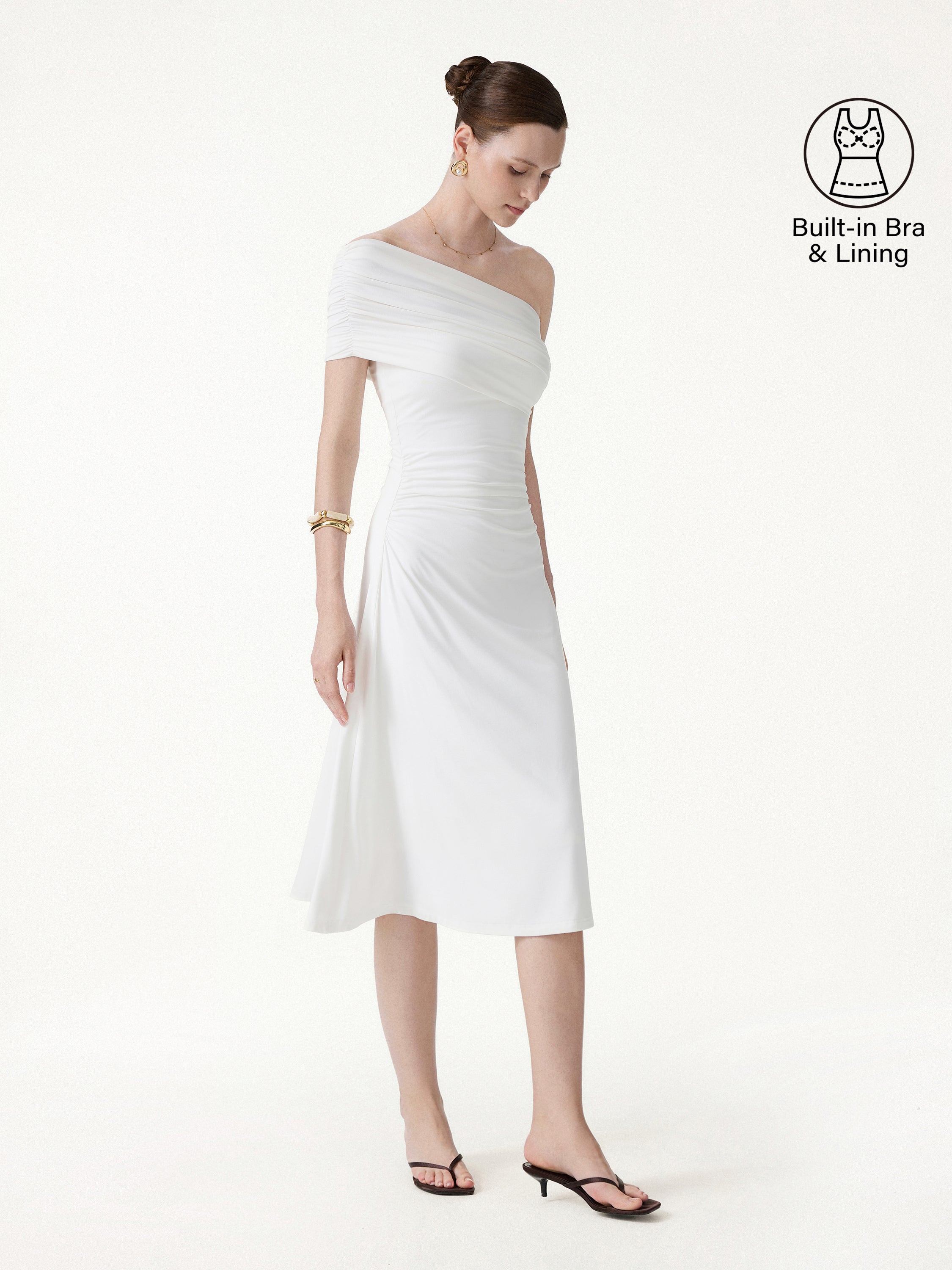 Not-See-Thru One Shoulder Gathered Midi Bra Dress - White