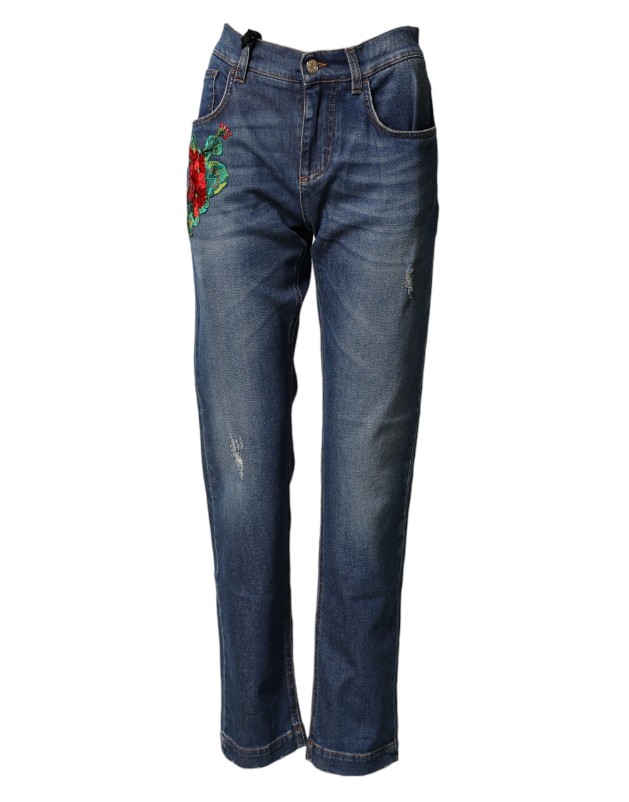 Floral Embroidered Denim Jeans — Blue