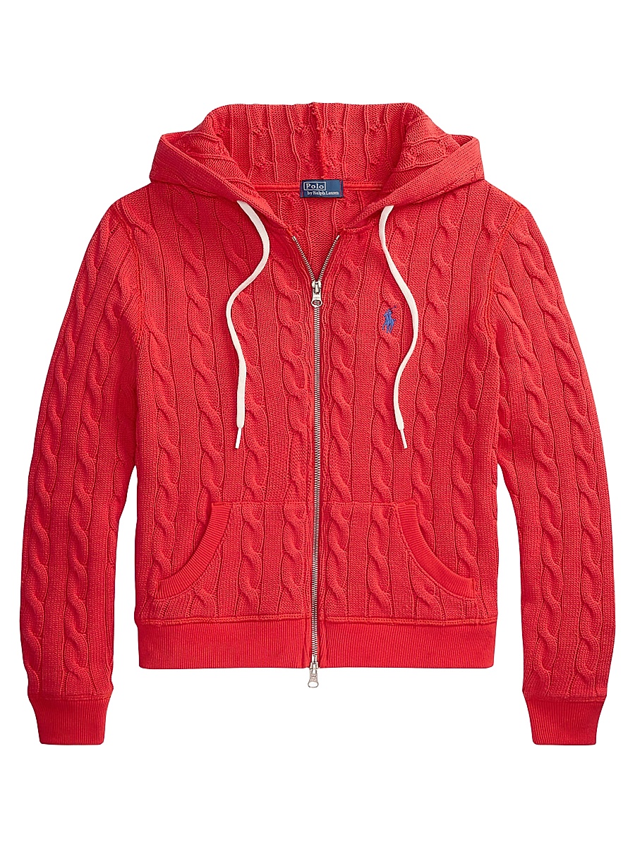 Women's Cable-Knit Cotton Zip-Front Hoodie - Bright Hibiscus