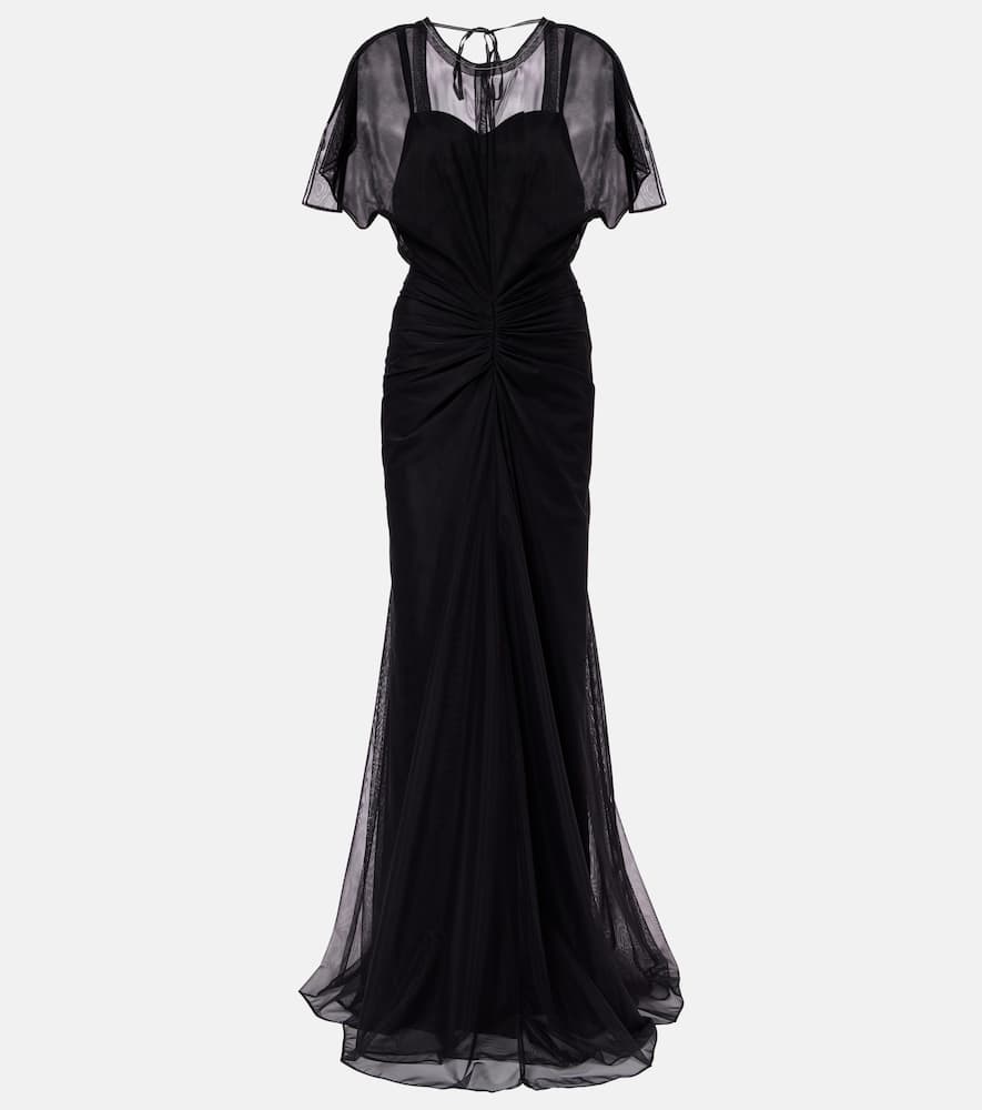 Bella gathered open back organza gown