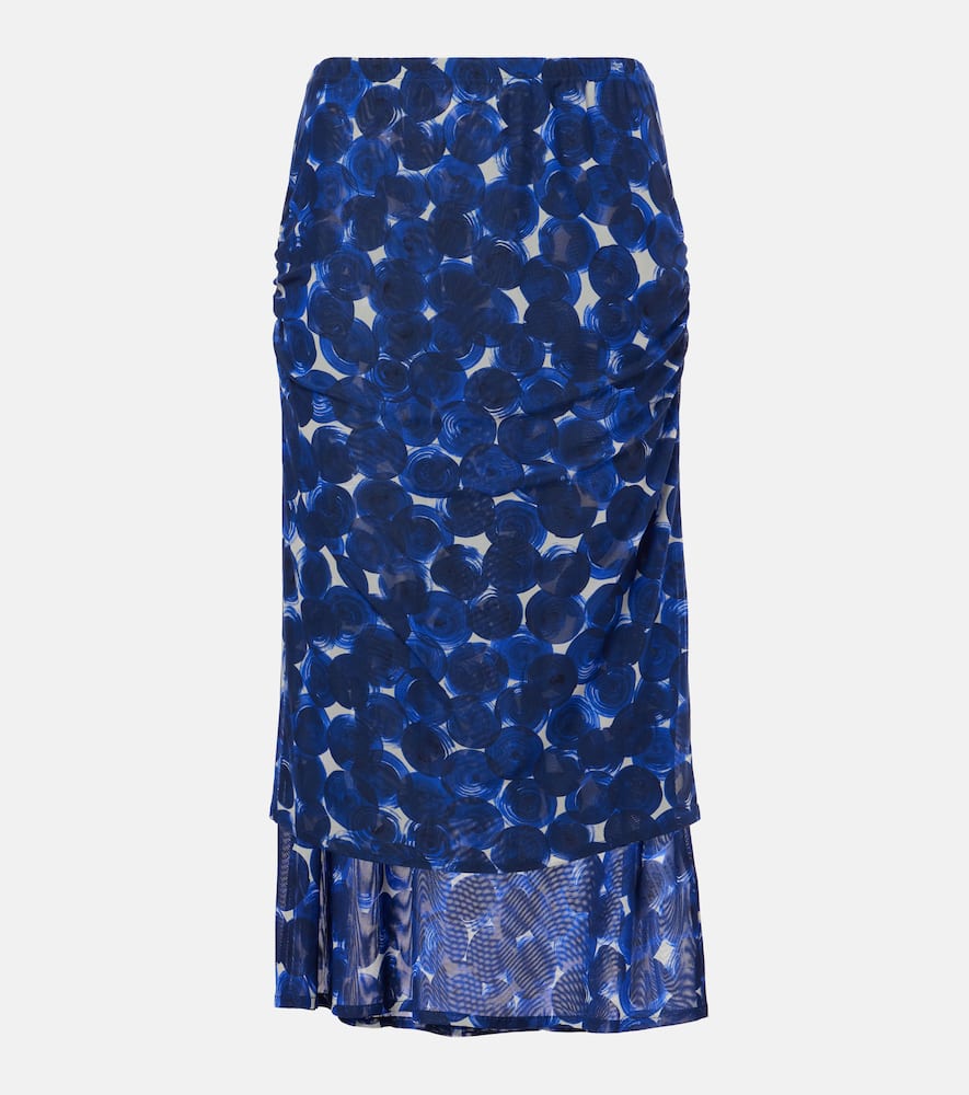 Printed gathered jersey midi skirt