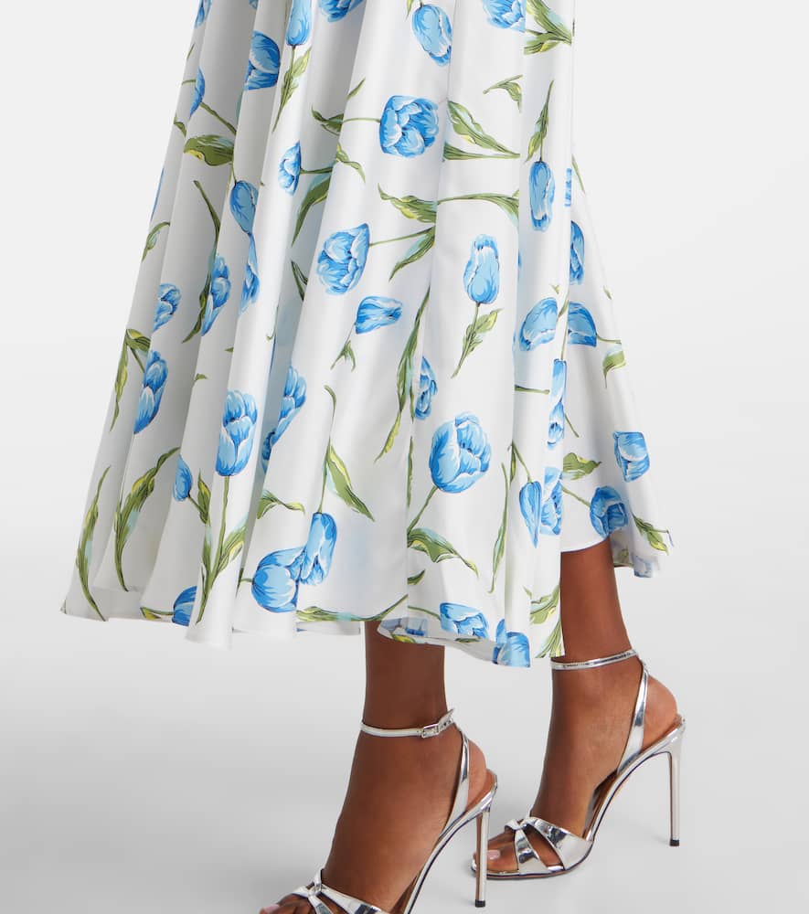Belted floral silk twill midi dress